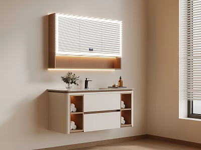Modern Bathroom Vanity Cabinet With LED Mirror Blinds Design Drawers Open Shelves And Countertop Toiletries 3d model