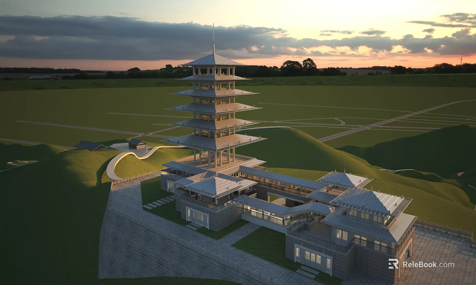 Multi layered Traditional Pagoda In Green Landscape With Sunset And Surrounding Buildings 3d model 