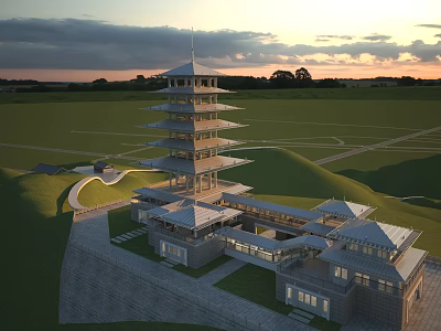 Multi layered Traditional Pagoda In Green Landscape With Sunset And Surrounding Buildings 3d model