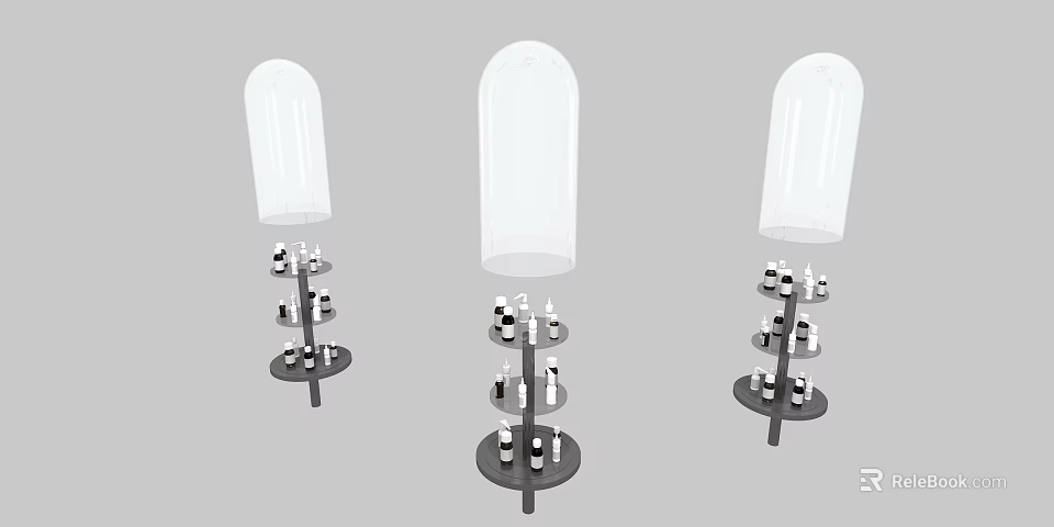Multi tiered Display Shelves With Clear Domes And Small Bottles On Black Stands 3d model 