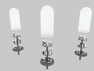 Multi tiered Display Shelves With Clear Domes And Small Bottles On Black Stands 3d model