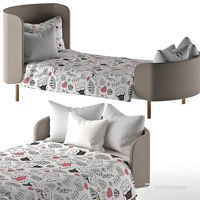 Cute Kids Bed With Animal Print Bedding And Polka Dot Pillows 3d model 