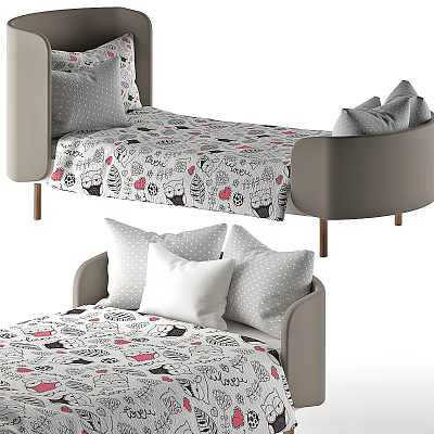 Cute Kids Bed With Animal Print Bedding And Polka Dot Pillows 3d model