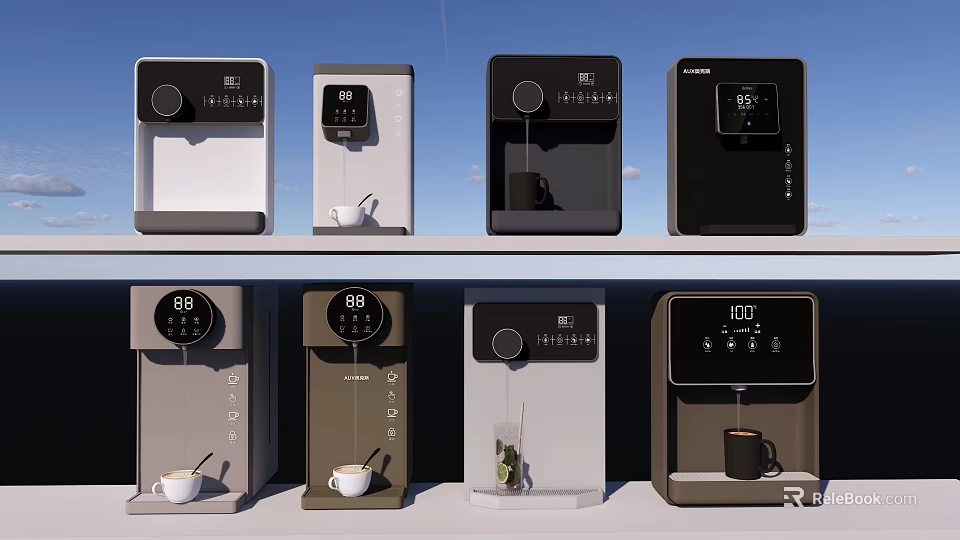 Modern Kitchen Interior With Various Coffee Makers In Different Designs And Colors 3d model