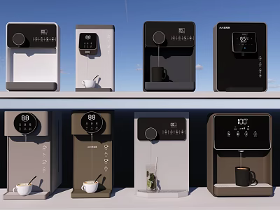 Modern Kitchen Interior With Various Coffee Makers In Different Designs And Colors 3d model