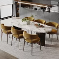 Modern Oval Dining Table Set With Marble Top And Six Yellow Velvet Chairs
