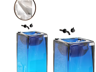 Transparent Blue Glass Bathroom Sinks With Black Faucets And Round Mirror 3d model