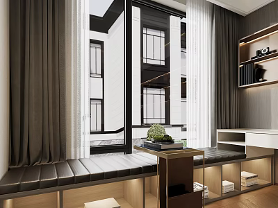 Bay Window Interior with Gray Curtains Black Leather Cushion Wooden Floor Bookshelf and Green Plant 3d model