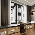 Bay Window Interior with Gray Curtains Black Leather Cushion Wooden Floor Bookshelf and Green Plant