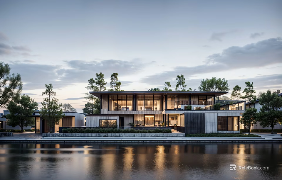 Modern Detached Villa Waterfront Sunset Reflection Glass Facade Trees And Evening Lighting 3d model 