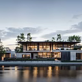 Modern Detached Villa Waterfront Sunset Reflection Glass Facade Trees And Evening Lighting