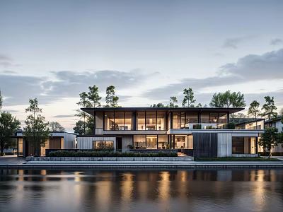 Modern Detached Villa Waterfront Sunset Reflection Glass Facade Trees And Evening Lighting 3d model