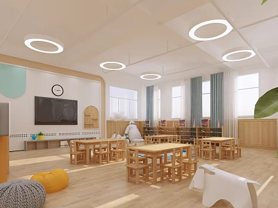 Bright Modern Kindergarten Classroom With Wooden Tables Chairs TV Clock Bookshelves Curtains And Toys 3d model