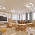 Bright Modern Kindergarten Classroom With Wooden Tables Chairs TV Clock Bookshelves Curtains And Toys