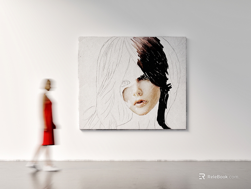 Abstract Painting Of Modern Female Portrait With Black White Contrast On Gallery Wall 3d model 