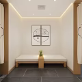 SPA Sauna Locker Room Interior With Wooden Lockers Bench And Dark Tiled Floor