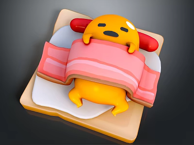 Lazy Yellow Cartoon Character Wrapped In Bacon And Lying On Square Bread Slice 3d model