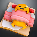 Lazy Yellow Cartoon Character Wrapped In Bacon And Lying On Square Bread Slice