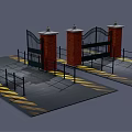 Entrance Gate With Brick Pillars Black Iron Design And Yellow Warning Stripes On Ground