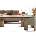 Modern Wooden Public Seating With Cushioned Backrest Round Side Tables And Green Plants