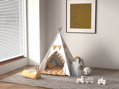 Cozy Kids Playroom with Tepee Tent Stuffed Bear and Toy Cars on Soft Rug 3d model