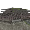 Traditional Ancient Building Featuring Multi tiered Roof Wooden Structure And Stone Base Steps