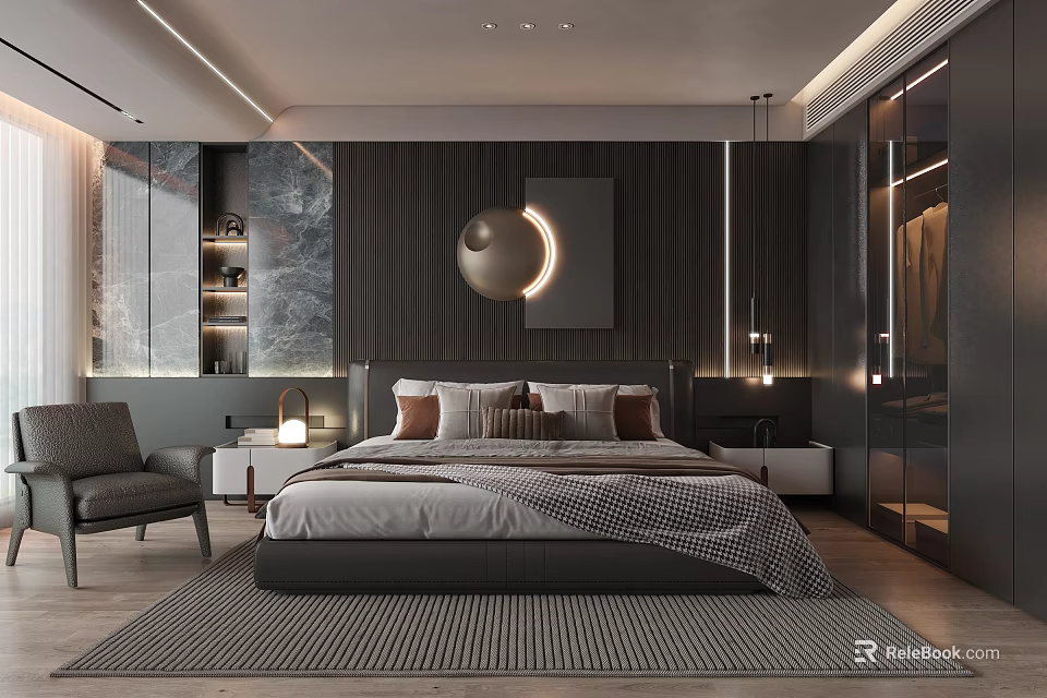 Modern Bedroom Interior Design With Dark Wall Round Light Striped Carpet And Accent Chair 3d model 