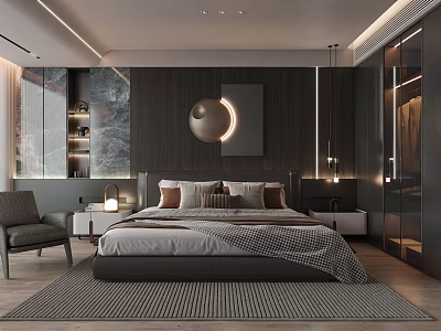 Modern Bedroom Interior Design With Dark Wall Round Light Striped Carpet And Accent Chair 3d model