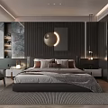 Modern Bedroom Interior Design With Dark Wall Round Light Striped Carpet And Accent Chair