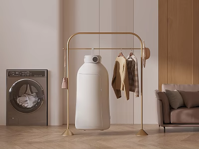 Golden Clothes Rack with Hanging Clothes and Dryer Near Washing Machine in Modern Interior 3d model