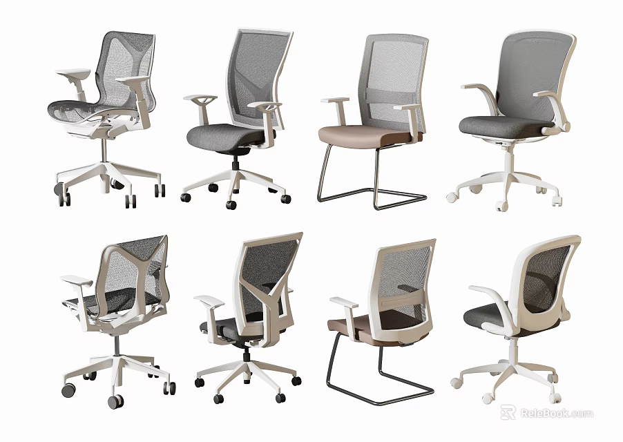 Different Styles of Mesh Back Office Chairs in Gray Beige with Wheeled and Fixed Bases 3d model 