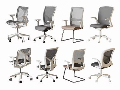 Different Styles of Mesh Back Office Chairs in Gray Beige with Wheeled and Fixed Bases 3d model