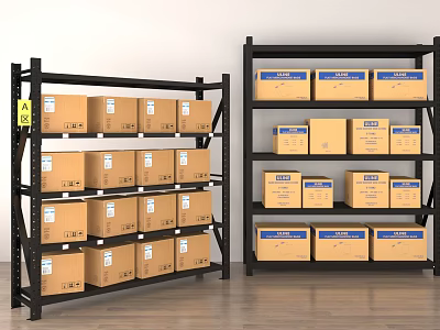 Multi Layer Display Storage Racks Holding Brown Boxes With Blue Labels 3d model