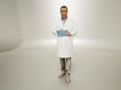 Man In White Lab Coat Holding Blue Folder Against Gray Background 3d model