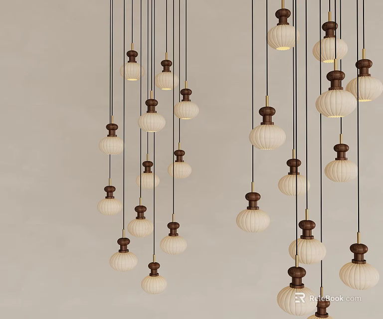 Minimalist Interior With Multiple Wooden White Hanging Pendant Lights On Ceiling 3d model 