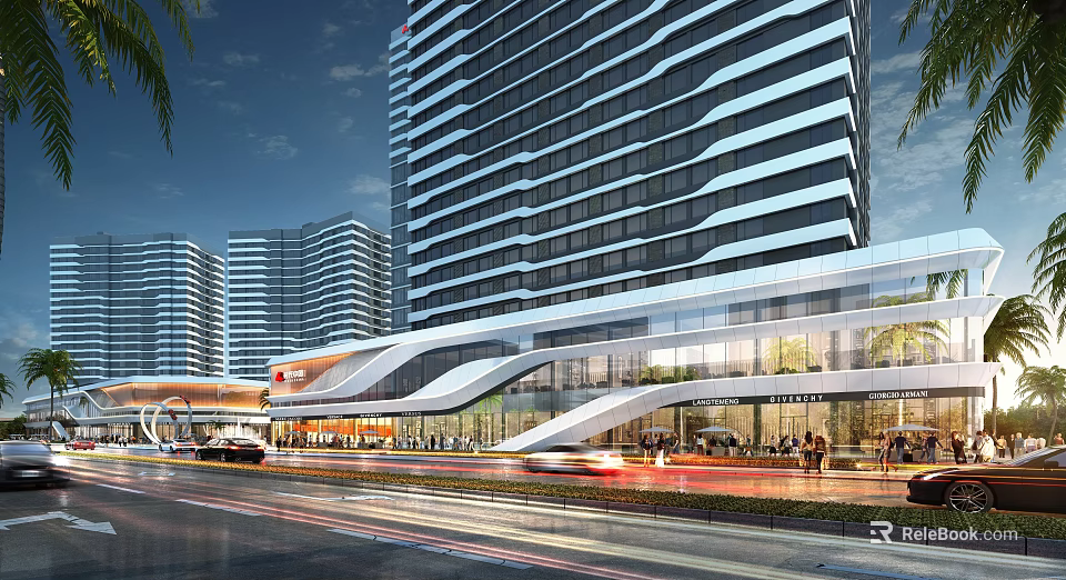 Modern Urban Commercial Complex with High-rise Buildings Street Pedestrians and Vehicles 3d model 