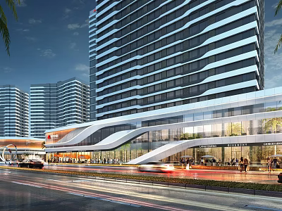 Modern Urban Commercial Complex with High-rise Buildings Street Pedestrians and Vehicles 3d model