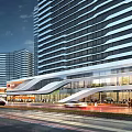 Modern Urban Commercial Complex with High-rise Buildings Street Pedestrians and Vehicles