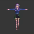 Anime Game Character With Green Hair Elf Ears Blue Jacket Black Pleated Skirt Fishnet Stockings