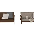 Modern Two-Seater Sofa with Wooden Armrests Plush Pillows and Cozy Throw Blanket