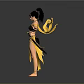 Woman in black yellow outfit with tied hair flowing yellow ribbons arms outstretched gray background