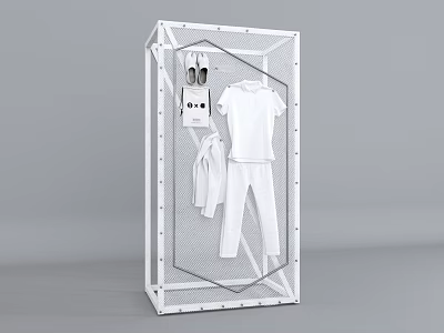 White Mesh Clothing Display Cabinet With Shirt Pants And Shoes 3d model