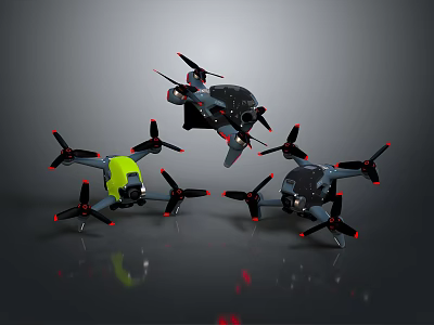 Multiple Black And Yellow Drones With Rotors Displayed On Dark Reflective Background 3d model