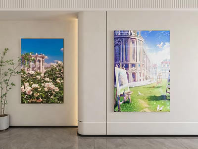 Classical Architecture Landscape Painting With Flowers Green Grass And Blue Sky 3d model