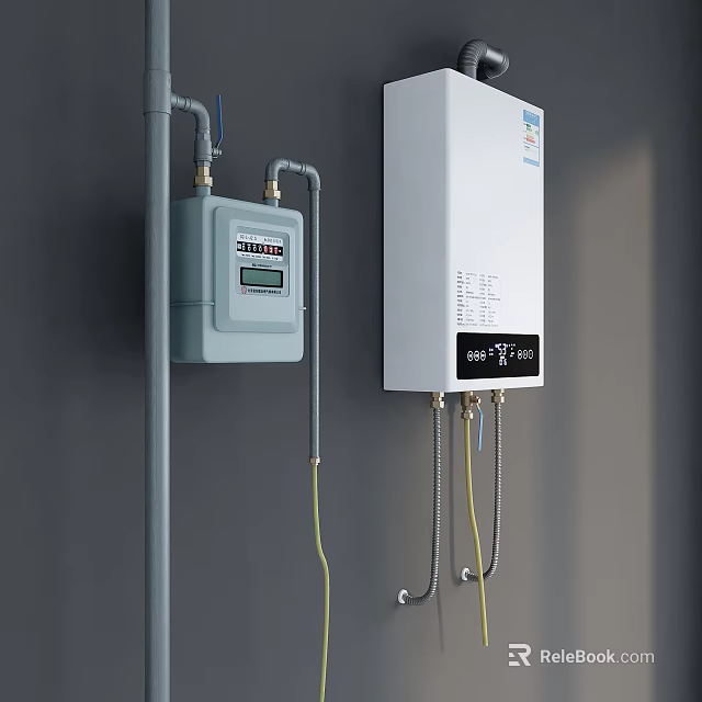 Wall Mounted White Water Heater As Daily Electrical Appliance With Gas Meter 3d model 