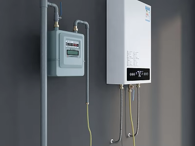 Wall Mounted White Water Heater As Daily Electrical Appliance With Gas Meter 3d model
