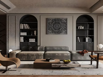 Modern Living Room Interior With Gray Sofa Arch Bookshelves Decorative Painting And Coffee Table 3d model