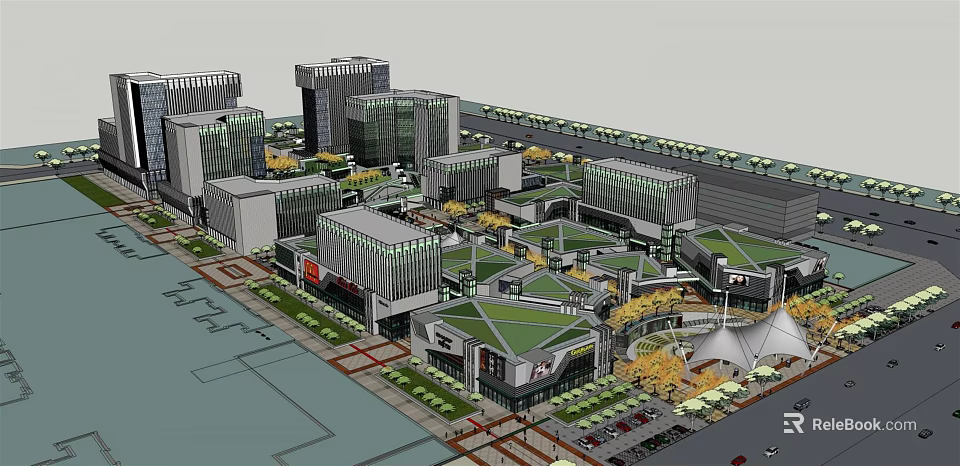 Modern Commercial Street With Contemporary Buildings Green Roofs Plaza And Parking Area 3d model 