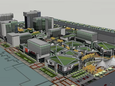 Modern Commercial Street With Contemporary Buildings Green Roofs Plaza And Parking Area 3d model