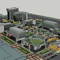 Modern Commercial Street With Contemporary Buildings Green Roofs Plaza And Parking Area